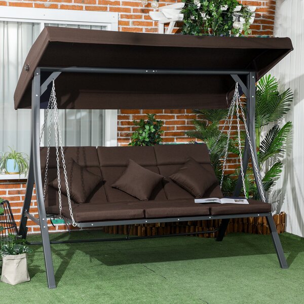 Outsunny 3-místná houpací lavice Hollywood, houpací lavice s nastavitelnou sluneční clonou, zahradní houpadlo s polstry, unese až 270 kg, kov, textil