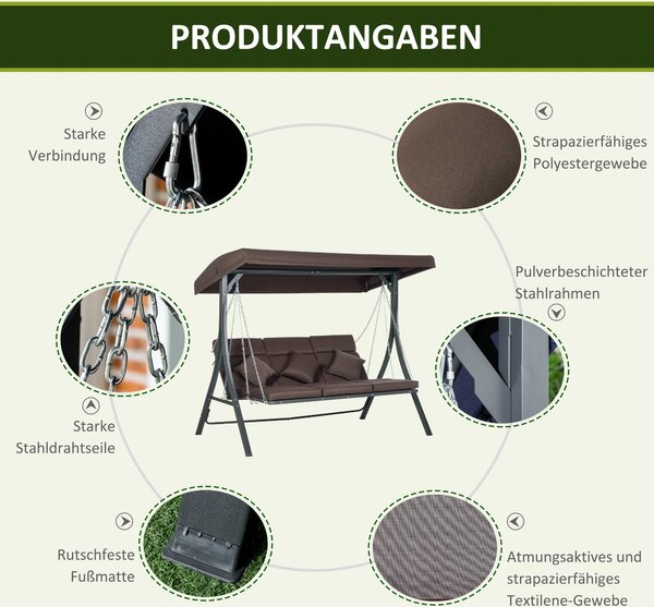 Outsunny 3-místná houpací lavice Hollywood, houpací lavice s nastavitelnou sluneční clonou, zahradní houpadlo s polstry, unese až 270 kg, kov, textil