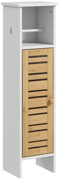 HOMCOM Koupelnová skříňka s držákem toaletního papíru a odnímatelnou tyčí 3 úrovně + držák toaletního papíru, 21 š x 17 h x 78 v cm, bambus a bílá | A