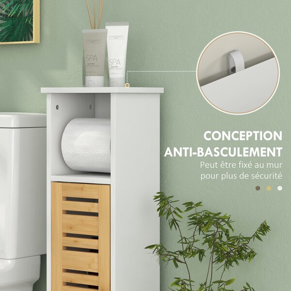 HOMCOM Koupelnová skříňka s držákem toaletního papíru a odnímatelnou tyčí 3 úrovně + držák toaletního papíru, 21 š x 17 h x 78 v cm, bambus a bílá | A