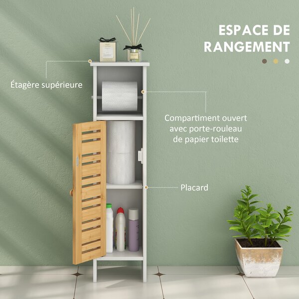 HOMCOM Koupelnová skříňka s držákem toaletního papíru a odnímatelnou tyčí 3 úrovně + držák toaletního papíru, 21 š x 17 h x 78 v cm, bambus a bílá | A
