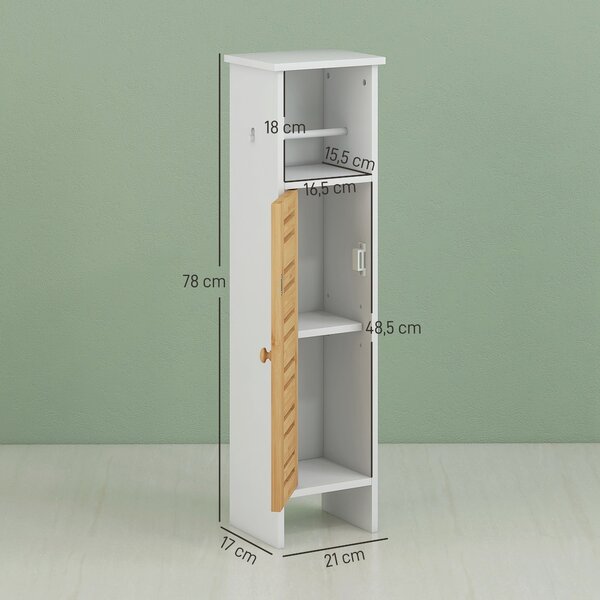 HOMCOM Koupelnová skříňka s držákem toaletního papíru a odnímatelnou tyčí 3 úrovně + držák toaletního papíru, 21 š x 17 h x 78 v cm, bambus a bílá | A