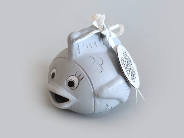 Vánoční rybka rolnička šedo-stříbrná Keramika Andreas Nápis: Plním přání na počkání