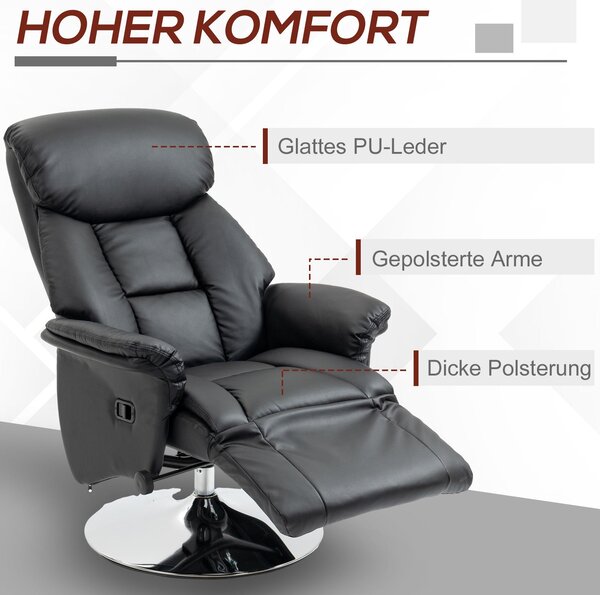 HOMCOM Relaxační Křeslo S Otočnou Funkcí a Nastavitelným Opěradlem, TV Křeslo s Nosností až 150 kg, pro Obývací Pokoj, Umělá Kůže, Černá | Aosom