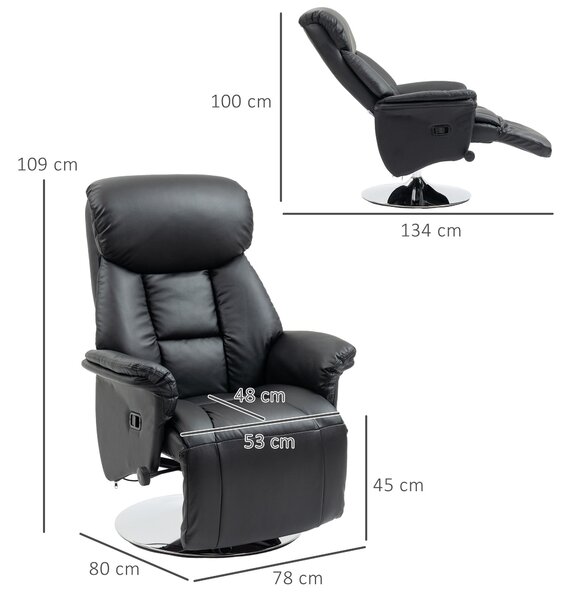 HOMCOM Relaxační Křeslo S Otočnou Funkcí a Nastavitelným Opěradlem, TV Křeslo s Nosností až 150 kg, pro Obývací Pokoj, Umělá Kůže, Černá | Aosom