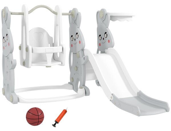 AIYAPLAY Skluzavka 4 v 1 pro batolata se houpačkou, lezeckou konstrukcí, basketbalovým košem, dětské hřiště se zajíčkem pro děti od 1,5 do 4 let, šedá