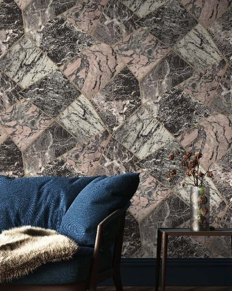 Vinylové tapety na zeď 177601 rozměr 10,05 m x 0,53 m, mramor šedo-zeleno-růžový se zlatým dělením, IMPOL TRADE