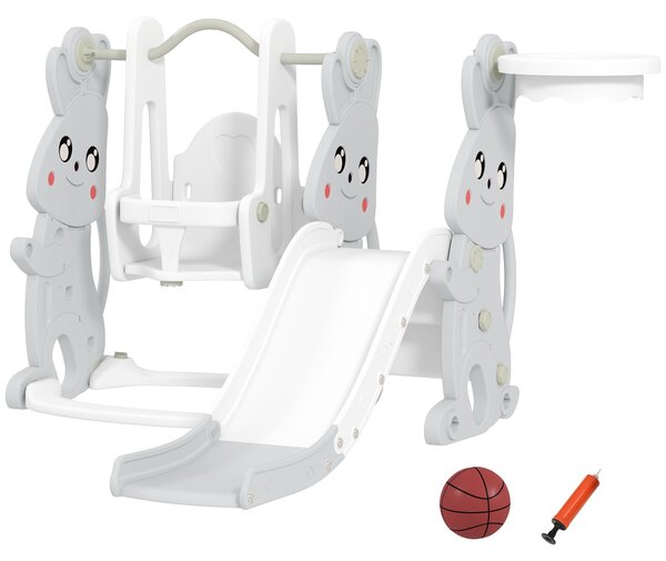 AIYAPLAY Skluzavka 4 v 1 pro batolata se houpačkou, lezeckou konstrukcí, basketbalovým košem, dětské hřiště se zajíčkem pro děti od 1,5 do 4 let, šedá
