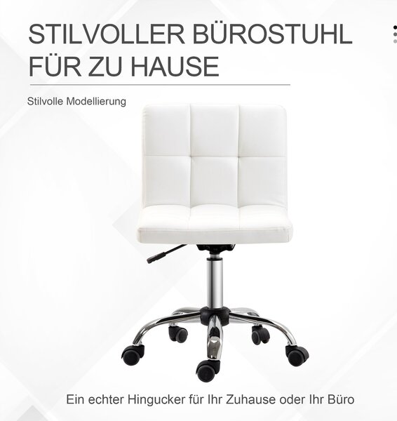 HOMCOM Kancelářská židle, ergonomická židle bez područek, výškově nastavitelná otočná židle, počítačová židle do kanceláře, studovny, umělá kůže, bílá