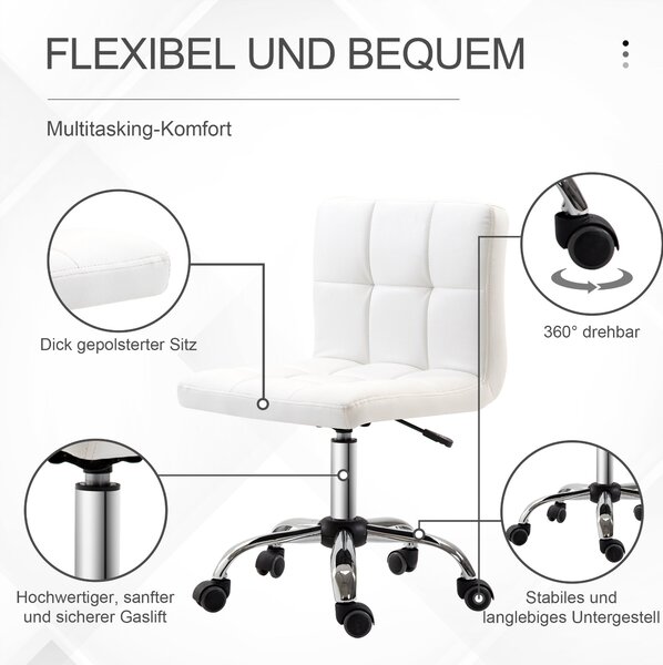 HOMCOM Kancelářská židle, ergonomická židle bez područek, výškově nastavitelná otočná židle, počítačová židle do kanceláře, studovny, umělá kůže, bílá