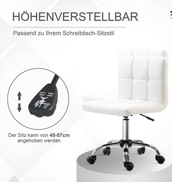 HOMCOM Kancelářská židle, ergonomická židle bez područek, výškově nastavitelná otočná židle, počítačová židle do kanceláře, studovny, umělá kůže, bílá