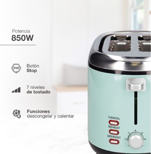Retro topinkovač na 2 toasty Sindae 850W funkce přihřátí a rozmrazení, mint, 3 roky záruka