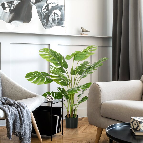 HOMCOM Umělé rostliny, Umělá Monstera Deliciosa, 120 cm umělá rostlina s 15 větvemi, pokojová rostlina, umělý strom, dekorace do interiéru, zelená | A