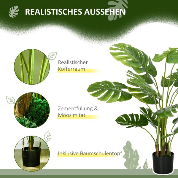HOMCOM Umělé rostliny, Umělá Monstera Deliciosa, 120 cm umělá rostlina s 15 větvemi, pokojová rostlina, umělý strom, dekorace do interiéru, zelená | A