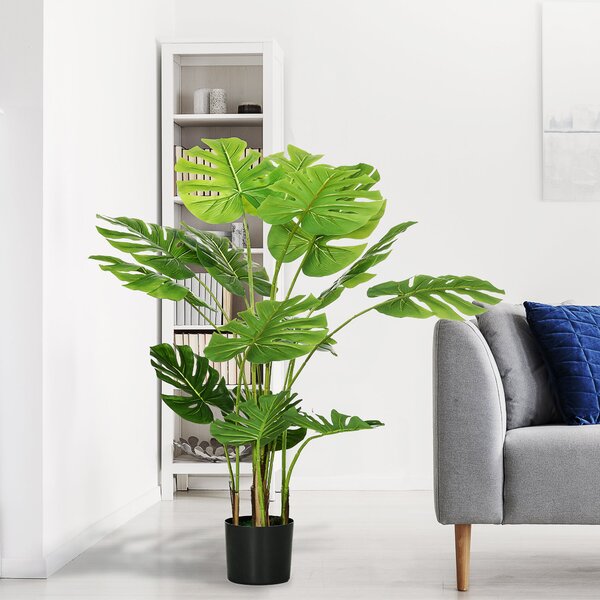 HOMCOM Umělé rostliny, Umělá Monstera Deliciosa, 120 cm umělá rostlina s 15 větvemi, pokojová rostlina, umělý strom, dekorace do interiéru, zelená | A