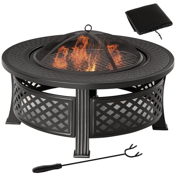 Outsunny Ohniště s Pokerem a Ochrannou Mřížkou, Hnědá Ohnivá Stůl pro Zahradu, Kempování a BBQ, Ocelová Černá 81 x 81 x 50 cm | Aosom