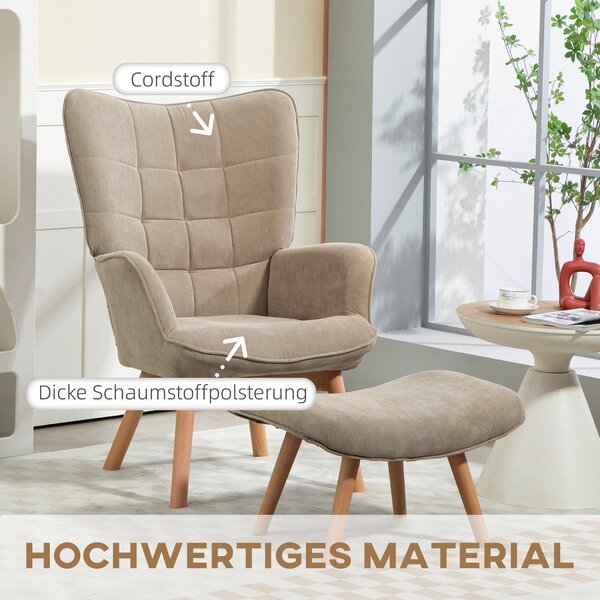 Křeslo HOMCOM s otomanem, vysoké křeslo s opěrkou, dřevěné nohy, lounge křeslo s prošívaným designem, vzhled sametu, pro obývací pokoj, světle hnědé |