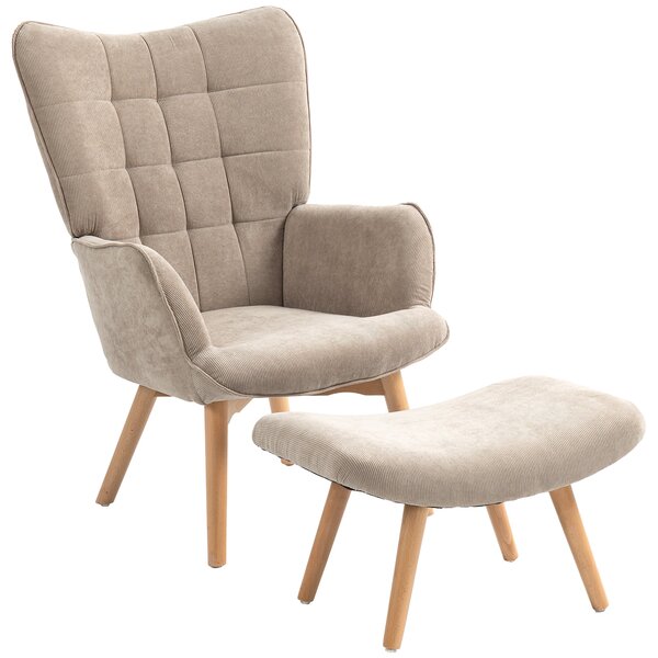 Křeslo HOMCOM s otomanem, vysoké křeslo s opěrkou, dřevěné nohy, lounge křeslo s prošívaným designem, vzhled sametu, pro obývací pokoj, světle hnědé |