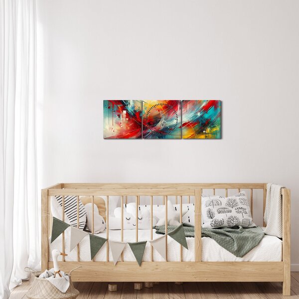 Obraz - Abstrakce s červenou (s hodinami) (90x30 cm)