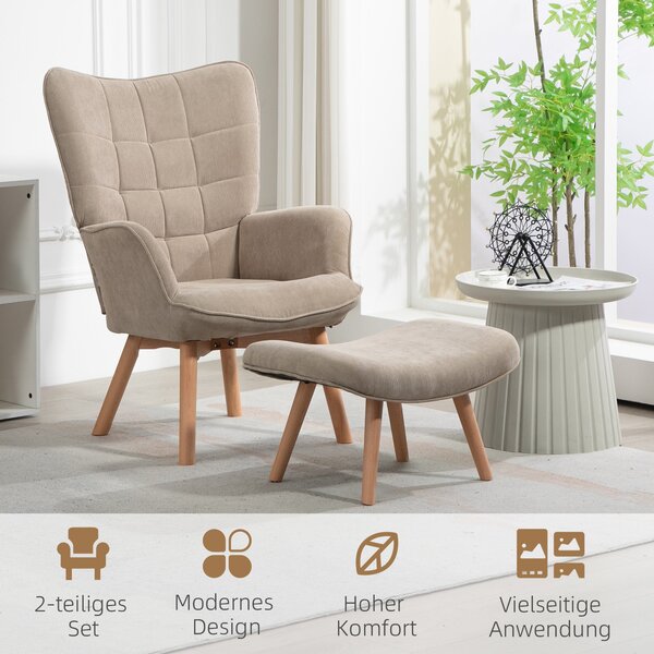 Křeslo HOMCOM s otomanem, vysoké křeslo s opěrkou, dřevěné nohy, lounge křeslo s prošívaným designem, vzhled sametu, pro obývací pokoj, světle hnědé |