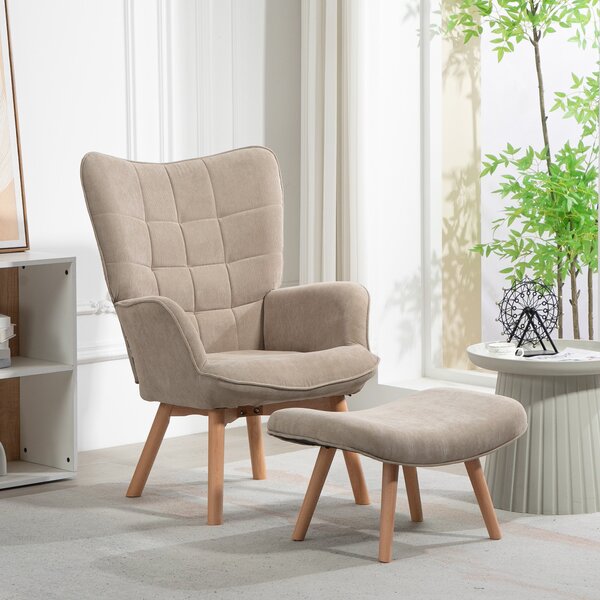 Křeslo HOMCOM s otomanem, vysoké křeslo s opěrkou, dřevěné nohy, lounge křeslo s prošívaným designem, vzhled sametu, pro obývací pokoj, světle hnědé |