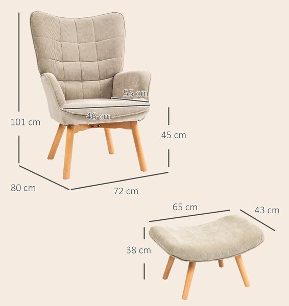 Křeslo HOMCOM s otomanem, vysoké křeslo s opěrkou, dřevěné nohy, lounge křeslo s prošívaným designem, vzhled sametu, pro obývací pokoj, světle hnědé |