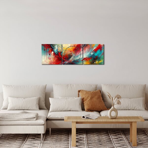 Obraz - Abstrakce s červenou (s hodinami) (90x30 cm)