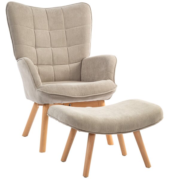 Křeslo HOMCOM s otomanem, vysoké křeslo s opěrkou, dřevěné nohy, lounge křeslo s prošívaným designem, vzhled sametu, pro obývací pokoj, světle hnědé |