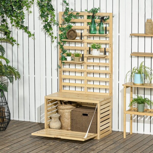 Úložná Bedna Outsunny, Úložný Box s Trellisem, Bedna na Polštáře s Policemi, Zahradní Box, Bedna na Polštáře, Masivní Dřevo, Přírodní, 80 x 45 x 160 c