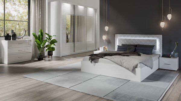 Manželská postel 180x200 PAMPLONA - alpská bílá / lesklá bílá + LED osvětlení ZDARMA