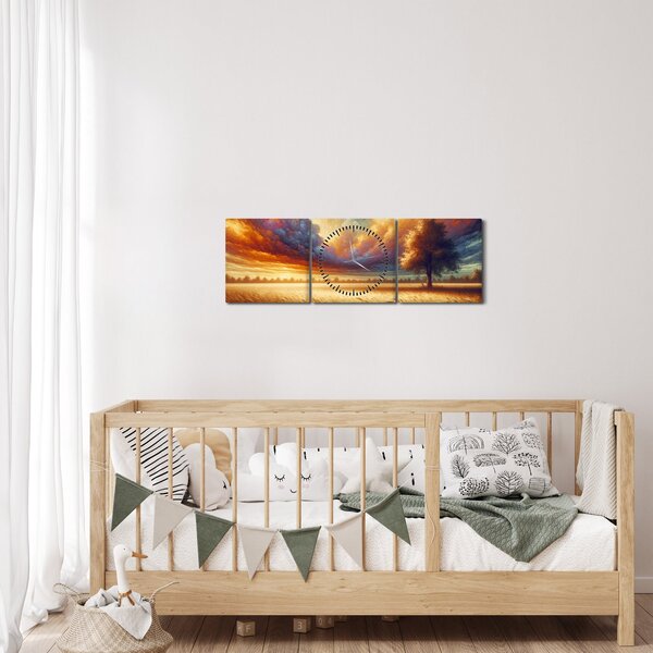 Obraz - Strom v poli (s hodinami) (90x30 cm)