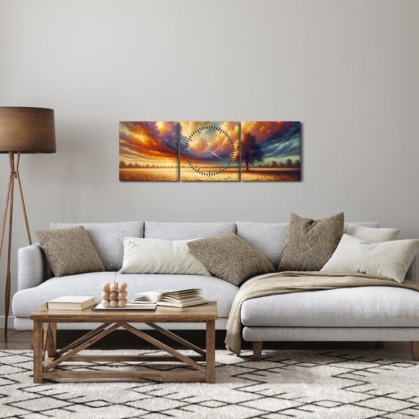 Obraz - Strom v poli (s hodinami) (90x30 cm)