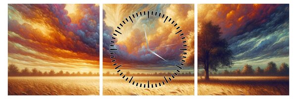 Obraz - Strom v poli (s hodinami) (90x30 cm)