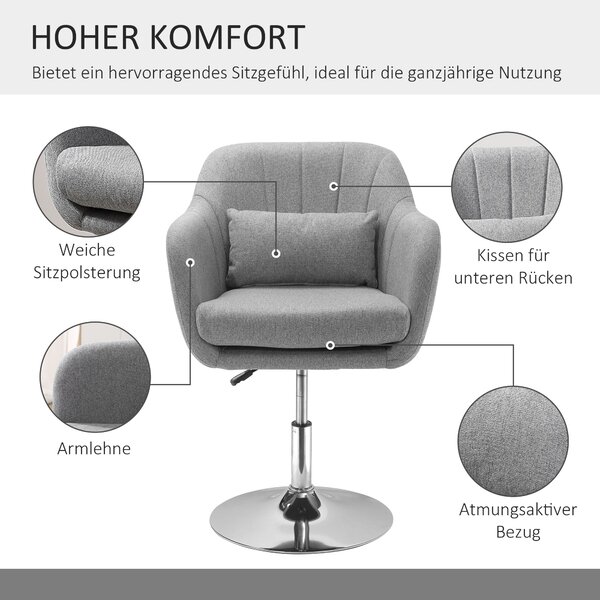 HOMCOM Křeslo Lounge s Opěrkami, Bederní Polštář, Polstrovaný Relaxační Křeslo s Kovovým Rámem, Vzhled Lnu, Výškově Nastavitelné Otočné Křeslo do Ložn