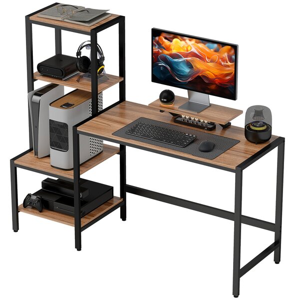 HOMCOM Stůl 150 x 48 cm Počítačový stůl s podstavcem na monitor, stojanem na CPU, policí na tiskárnu, 4 policemi, kovovým rámem pro domácí kancelář, l