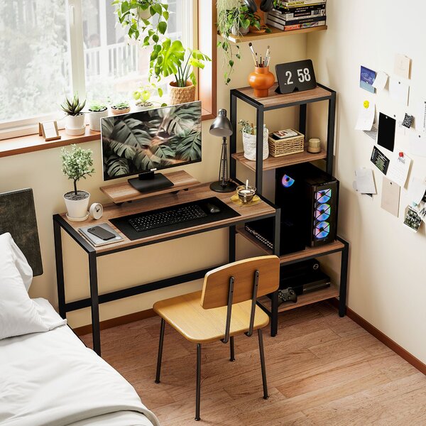 HOMCOM Stůl 150 x 48 cm Počítačový stůl s podstavcem na monitor, stojanem na CPU, policí na tiskárnu, 4 policemi, kovovým rámem pro domácí kancelář, l