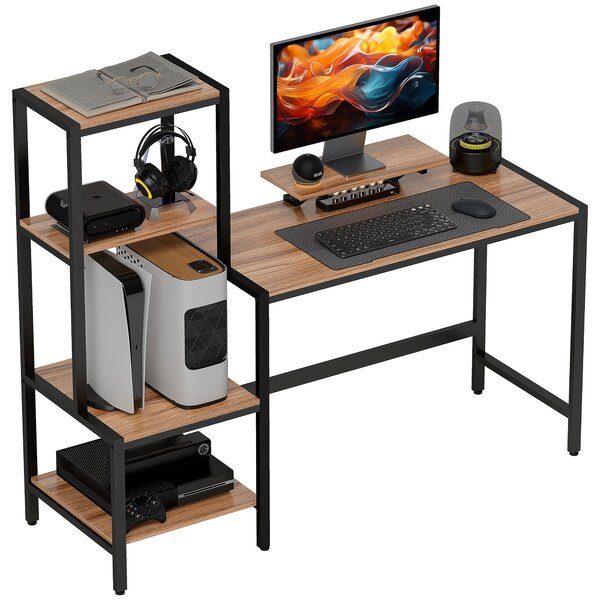 HOMCOM Stůl 150 x 48 cm Počítačový stůl s podstavcem na monitor, stojanem na CPU, policí na tiskárnu, 4 policemi, kovovým rámem pro domácí kancelář, l