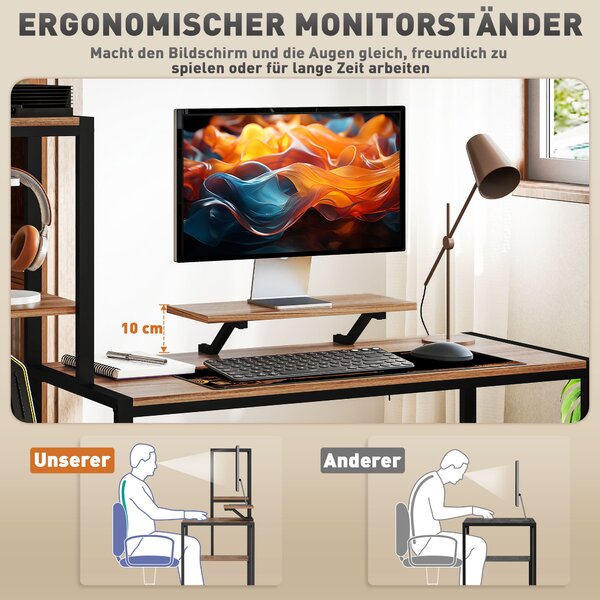 HOMCOM Stůl 150 x 48 cm Počítačový stůl s podstavcem na monitor, stojanem na CPU, policí na tiskárnu, 4 policemi, kovovým rámem pro domácí kancelář, l