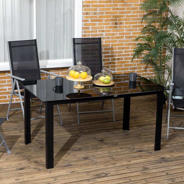 Zahradní stůl Outsunny z hliníku 150 x 90 cm odolný vůči počasí s skleněnou deskou, bufetový stůl pro kempování pro 6 osob, venkovní jídelní stůl pro
