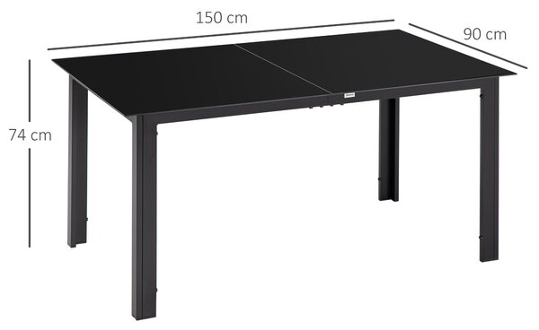 Zahradní stůl Outsunny z hliníku 150 x 90 cm odolný vůči počasí s skleněnou deskou, bufetový stůl pro kempování pro 6 osob, venkovní jídelní stůl pro
