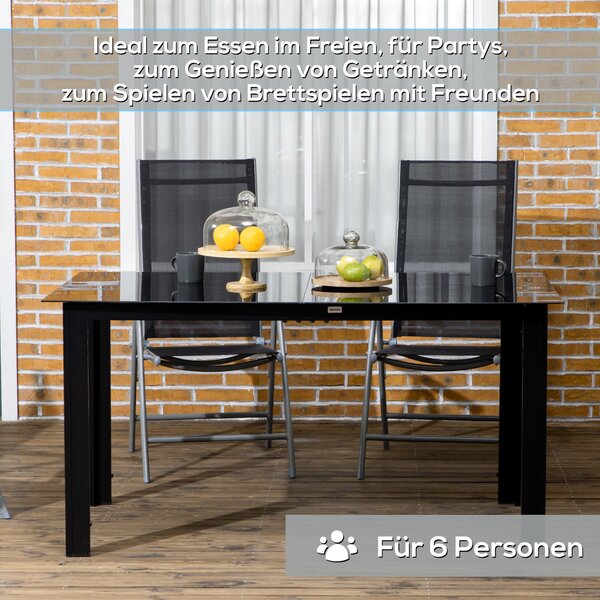 Zahradní stůl Outsunny z hliníku 150 x 90 cm odolný vůči počasí s skleněnou deskou, bufetový stůl pro kempování pro 6 osob, venkovní jídelní stůl pro