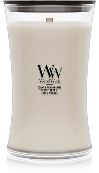 Woodwick Tonka & Almond Milk vonná svíčka s dřevěným knotem 610 g