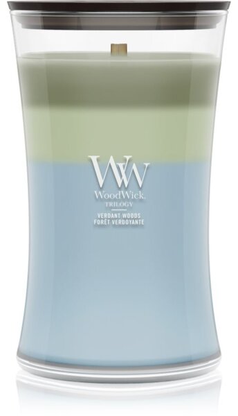 Woodwick Trilogy Verdant Woods vonná svíčka s dřevěným knotem 610 g