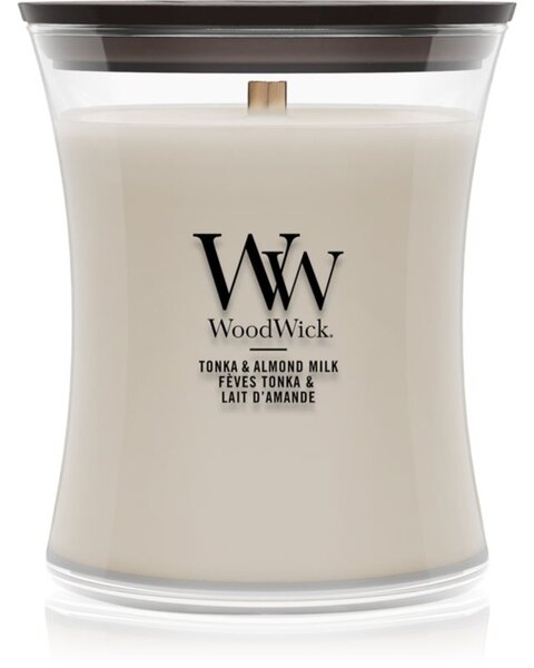 Woodwick Tonka & Almond Milk vonná svíčka s dřevěným knotem 275 g