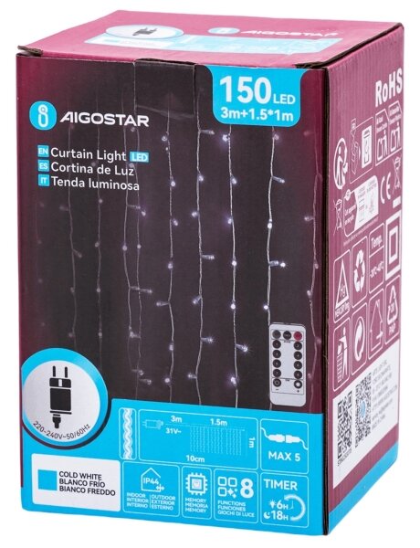 Aigostar - LED Ven. ván. řetěz 150xLED/6W/230V/8 funkcí 1,5x1m IP44 stud bílá+DO