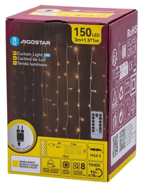 Aigostar - LED Ven. ván. řetěz 150xLED/6W/230V/8 funkcí 1,5x1m IP44 tep bílá+DO