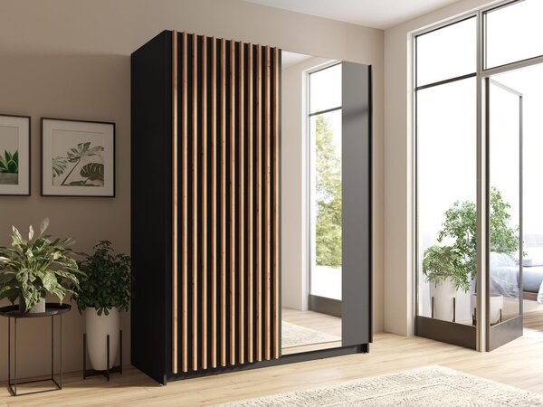Šatní skříň se zrcadlem 150 cm BUGA - dub artisan / černá