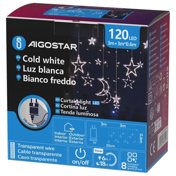 Aigostar - LED Ven. ván. řetěz 120xLED/6W/230V/8 funkcí 3x0,6m IP44 stud bíláDO