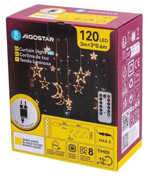 Aigostar - LED Ven. ván. řetěz 120xLED/6W/230V/8 funkcí 3x0,6m IP44 teplá bíláDO