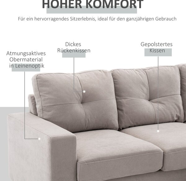HOMCOM L-tvará látková pohovka, souprava pohovek v lněném vzhledu, rohová pohovka s chaise longue pro 3 osoby, rohová pohovka do obývacího pokoje, svě